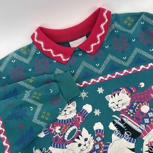 Vintage 90s Spumoni Grandma Cat Sweatshirt Women's Pink Turquoise‎ Collar USA